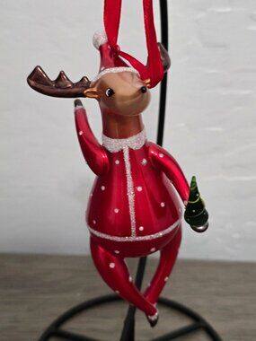 Blown Glass Reindeer Ornament In Santa Suit Christmas
